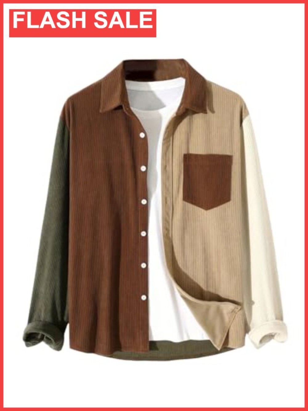 Men's Corduroy Button Down Shirt Jacket Shacket Color Block Long Sleeve